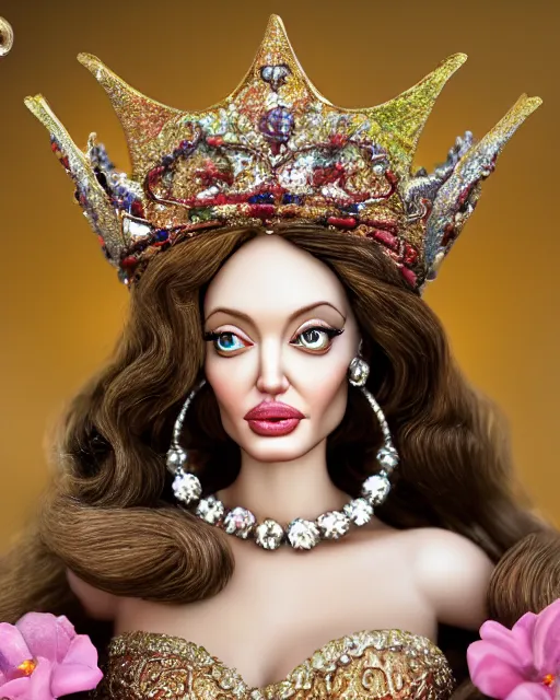 Image similar to highly detailed closeup, face profile portrait of a tin toy angelina jolie as a fairytale princess wearing a crown and sitting on a throne, bikini, depth of field, nicoletta ceccoli, mark ryden, lostfish, max fleischer, breathtaking, detailed and intricate environment, 8 k resolution, hyperrealistic, octane render