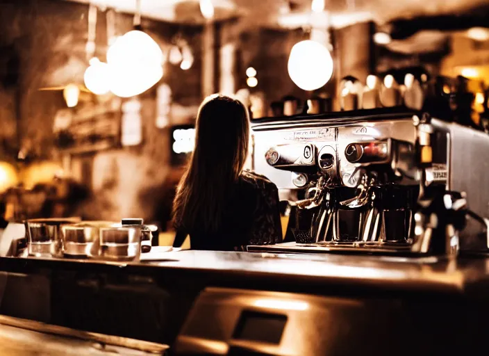 Prompt: a 2 8 mm macro photo from the back of a woman standing at the espresso machine in a cozy cafe, splash art, movie still, bokeh, canon 5 0 mm, cinematic lighting, dramatic, film, photography, golden hour, depth of field, award - winning, anamorphic lens flare, 8 k, hyper detailed, 3 5 mm film grain, hazy