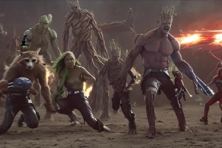 Image similar to VFX movie closeup guardians of the galaxy and the avengers fight scene by Emmanuel Lubezki