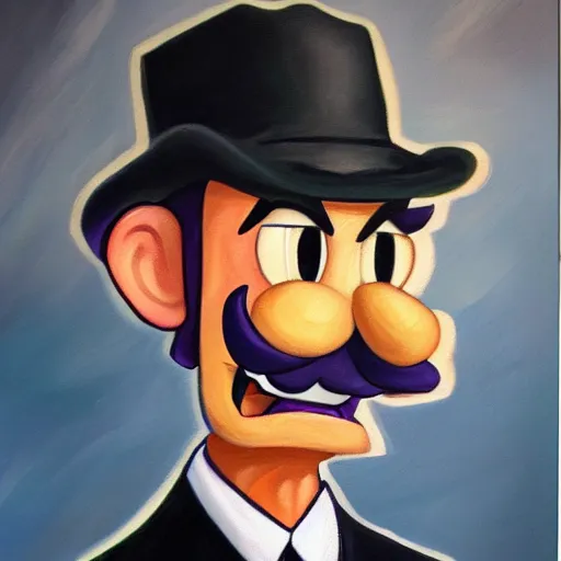 Prompt: waluigi as a mobster, highly detailed, oil painting,