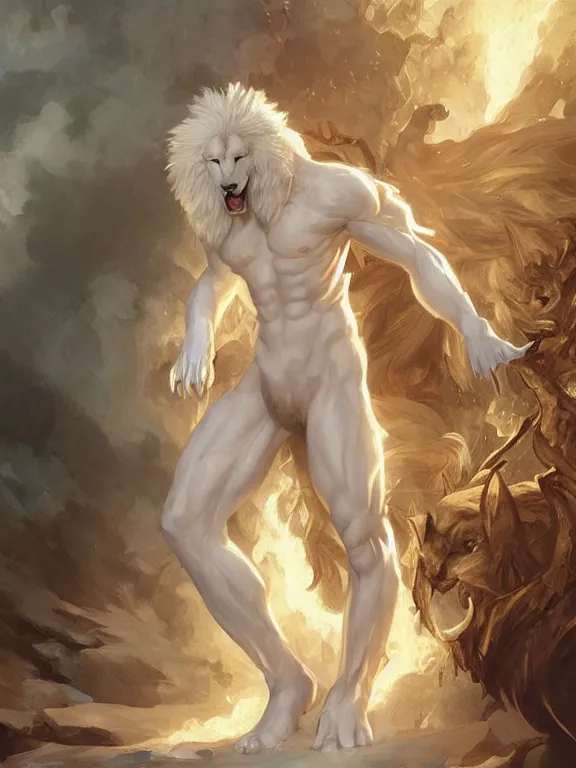 Image similar to muscular male albino anthropomorphic anthro furry white lion summoner with a fire elemental, fantasy, man, intricate, elegant, highly detailed, digital painting, artstation, concept art, wallpaper, smooth, sharp focus, illustration, art by artgerm and greg rutkowski and alphonse mucha