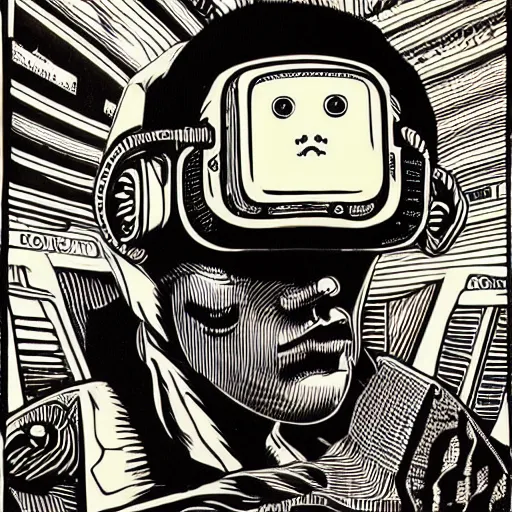 Prompt: Illustrated by Shepard Fairey and H.R. Giger | ((Cyberpunk Van Gogh with VR helmet, surrounded by cables))