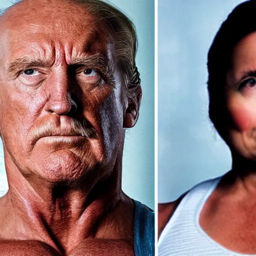 Image similar to uhd, high resolution photography of woman, genetic combination of hulk hogan and donald trump face and upper body, body focus