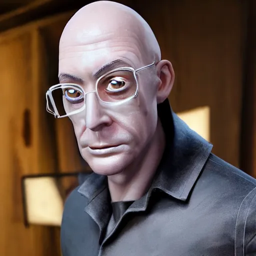 Image similar to A middle-aged Dr. Venture in real life with a hooked nose, a long gaunt face and skinny body and neck, very thin and bald, realistic, very realistic, hyperrealistic, highly detailed, very detailed, extremely detailed, detailed, digital art, oil painting, trending on artstation, headshot and bodyshot, detailed face, very detailed face, extremely detailed face, HD Quality, 8k resolution, very very detailed face, real life