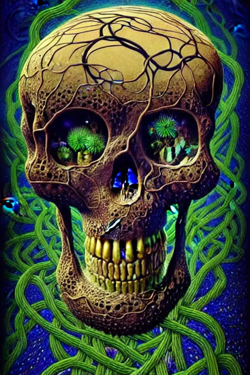 Image similar to Floating skull shaped island made of vines and earthart by visionary artist peter gric in hyperdetailed surreal fantastic style. Floating skull by hannah yata in visionary-psychedelic style earthart skull generative artwork by midjourney. Spiritual shamanic artifact skull decorated with gems and gold by billelis polished ominous photorealistic mysterious intricate hyperdetailed galactic expansive ethereal elemental detailed complex Earthart skull collage generated in discodiffusion or dall-e2 trending on Artstation hyperdetailed 8k resolution concept art 64 megapixels 8K resolution depth of field DSLR subtractive lighting tilt-shift wide-angle lens Skull made of smaller skulls made of smaller skulls surrealist fractal art gigapixel resolution 8K 3D | CGSociety | volumetric light | lightrays | smoke | cinematic | atmospheric | octane render | insanely detailed and intricate | hypermaximalist | elegant | ornate | luxury | elite | Floating skull hyperdetailed insanely complex artwork by psikodelicious art & design | gigapixel render | visions of chaos | midjourney | discodiffusion | complex hyperdetailed fantastic realism artwork made with dall-e2