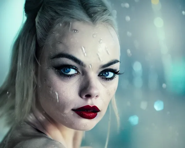 Prompt: deep focus closeup headshot of seductive margo robbie as harley quinn in the rain, head tilted, curious, wet skin, bokeh, street lights, fog, bladerunner, backlit,, futurepunk, gta v, pinup, nagel, arney freytag, gil elvgren, dark moody, cinematic, greg rutkowski, octane!