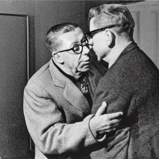 Image similar to sartre hugging a sad alien