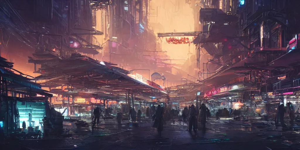 Prompt: screenshot of a night marketplace in a massive makeshift city, neon lights, colossal arcing metal structures high in the sky, beautiful, slick, shiny, science fiction, awe inspiring, fps, by james gurney, greg rutkowski, sparth, cinematography, cinematic masterpiece