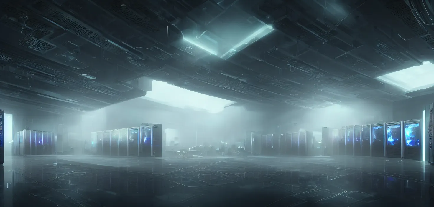 Prompt: server room in data center, pacing, screen computers, racks, motherboard light, cinematic view, epic sky, detailed, concept art, low angle, high detail, warm lighting, volumetric, godrays, vivid, beautiful, trending on artstation, by jordan grimmer, huge scene, grass, art greg rutkowski