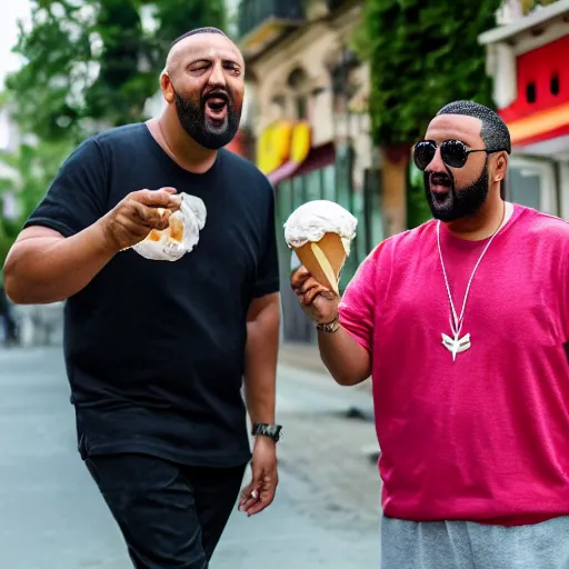 Image similar to Hide the pain Arnold and DJ Khaled licking ice cream in street while walking, 4K, photorealistic