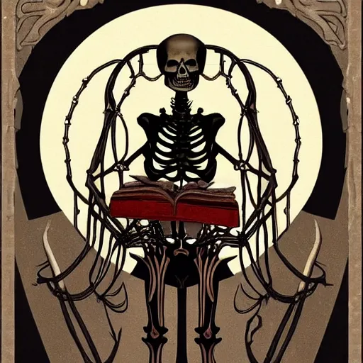 Image similar to A dark art nouveau painting of a skeleton sorcerer holding a big grimoire with chains by Darkchylde and Julia Yurtsev, Ruby insets, monstrous skull, muted colours, 4k, trending on artstation, pinterest, pixiv