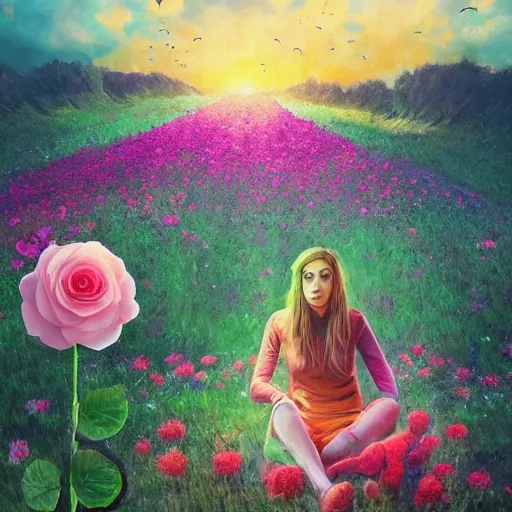 Image similar to giant rose flower head, full body girl sitting in a flower field, surreal photography, sunrise, dramatic light, impressionist painting, colorful clouds, digital painting, artstation, simon stalenhag