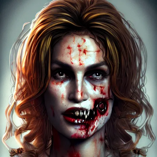 Prompt: portrait of eighties cindy crawford as a zombie, 7 days to die zombie, fine art, award winning, intricate, elegant, sharp focus, cinematic lighting, highly detailed, digital painting, 8 k concept art, art by guweiz and z. w. gu, masterpiece, trending on artstation, 8 k