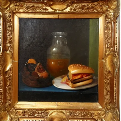 Image similar to mcdonald in still life. dutch masters, 1 8 th century. oil on canvas. juicy, fresh, delicious