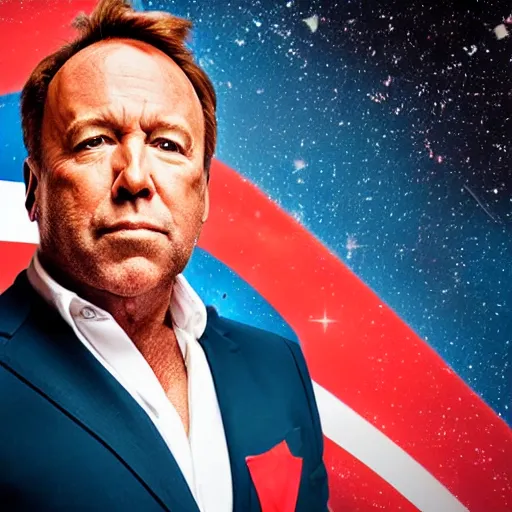 Image similar to UHD candid photo of Alex Jones dressed as a cosmic superhero, wearing red white and blue, accurate face, UHD, photorealistic, correct face, photo by Annie Leibowitz