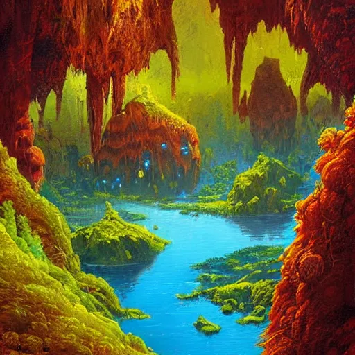 Image similar to illustration of a lush natural scene on an alien planet by paul lehr. beautiful landscape. weird vegetation. cliffs and water.