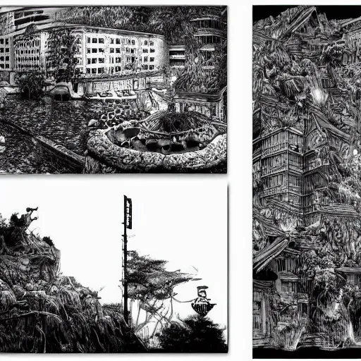 Image similar to 200 Hotels Manga panel award winning black and white art by Frank Zappa and Kim Jung Gi pen highly detailed pen and ink matte painting