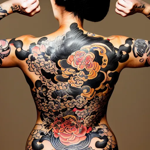 Prompt: photography of the back of a woman with a black detailed irezumi tatto representing a gold tiger with pink flowers on her entire back, mid-shot, editorial photography