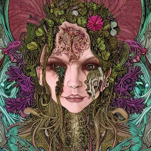 Image similar to a beautiful detailed front view portrait of a rotten woman corpse with fractal plants and fractal flowers and mushrooms growing around, symmetrical, ornate, ornamentation, illustration, in the style of art nouveau