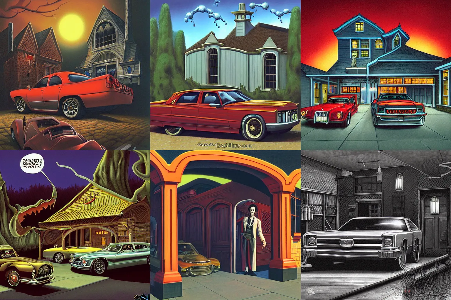 Prompt: dracula's two car garage by greg hildebrandt