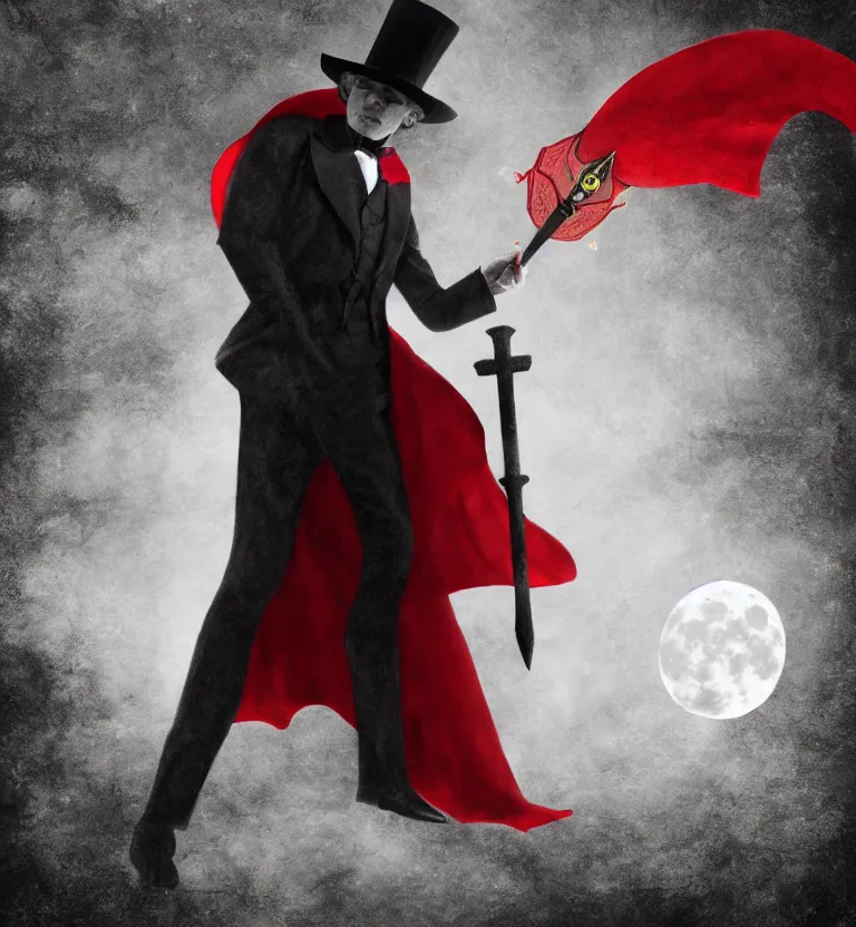 Image similar to a mysterious man in a cemetery on a full moon night wearing a top hat that hides!! his face and a beautiful black and red cape while holding a poseidon trident, digital art. digital painting, moonlight, detailed.