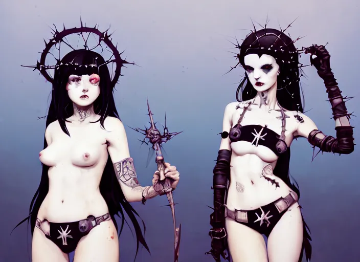 Prompt: portrait of two cute goth maiden girls with crown of thorns and white short hairs, dressed in belts bikini, warhammer, cyberpunk, by atey ghailan, by greg rutkowski, by greg tocchini, by james gilleard, by joe gb fenton, by kaethe butcher, dynamic lighting, gradient light blue, brown, blonde cream and white color in scheme, grunge aesthetic