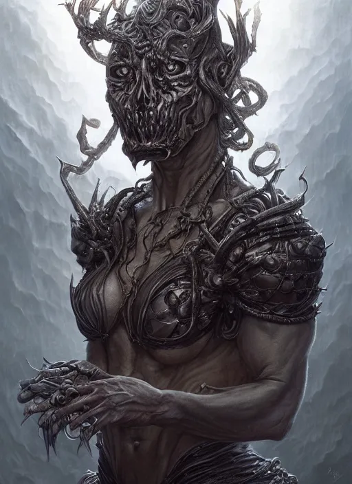 Image similar to full portrait of dunkmaster, black metal shiny skin. intricate, elegant, highly detailed, centered, digital painting, artstation, concept art, smooth, sharp focus, illustration, artgerm, tomasz alen kopera, peter mohrbacher, donato giancola, joseph christian leyendecker, wlop, frank frazetta