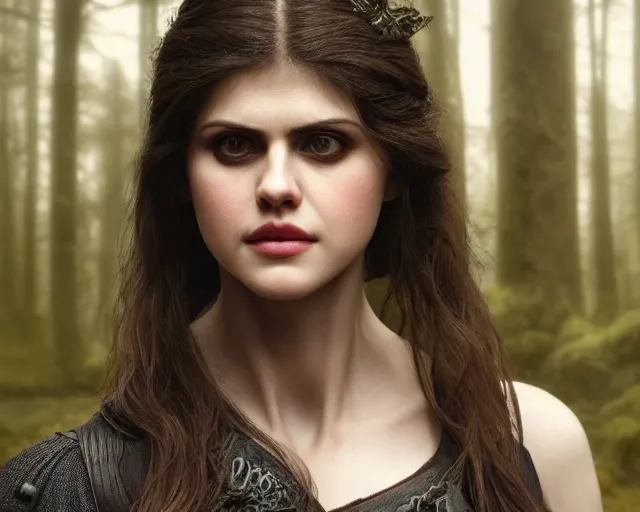 Prompt: 5 5 mm close up portrait photo of alexandra daddario as yennefer of vengerberg in black leather armor and black hair and purple eyes, in a forest. magical atmosphere. art by greg rutkowski. lifelike. soft light. nikon d 8 5 0.