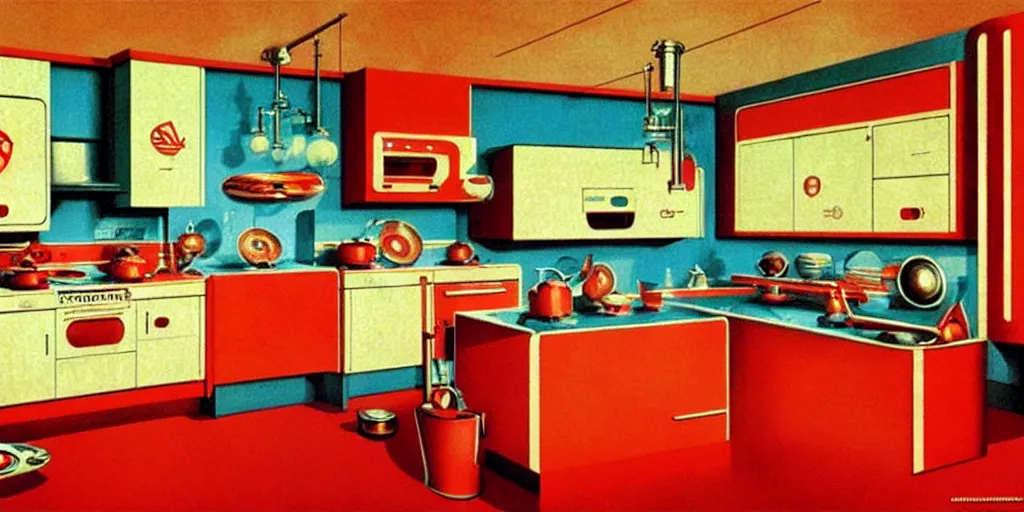 Image similar to soviet retro - futuristic kitchen by drew struzan
