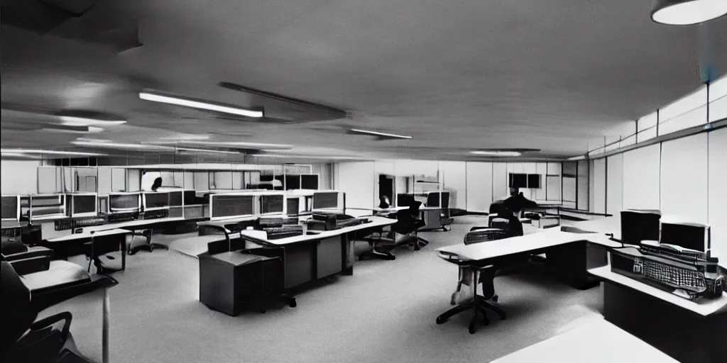 Image similar to a large 1970's computing room with 9-track machines and glowing screens. by IBM by Amdahl.