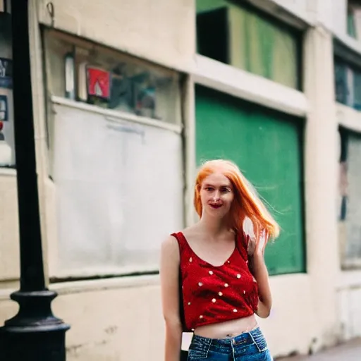 Image similar to Portrait photograph of a Strawberry-Blonde Girl, Young Beautiful Face, Green Eyes, Freckles, Wearing a white crop-top and jeans, with a subtle smile, Humans of New York Style, Leica Camera 50mm lens, street photography, aesthetic canon of proportions, grainy film photo