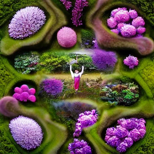 Image similar to A picture of a planet of various flowers, fungus and plants, Bonsai , in which the human figure is dressed in something magical and impressive, inside the picture is infinity, muted light, BotanicalAtmospheric phenomenon, artistic photography, muted colors, conceptual, Kodachrome