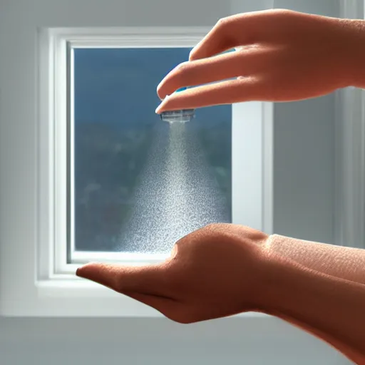 Image similar to 3 d rendered image of a human hand opening window, fresh air blender 3 d keyshot unreal engine