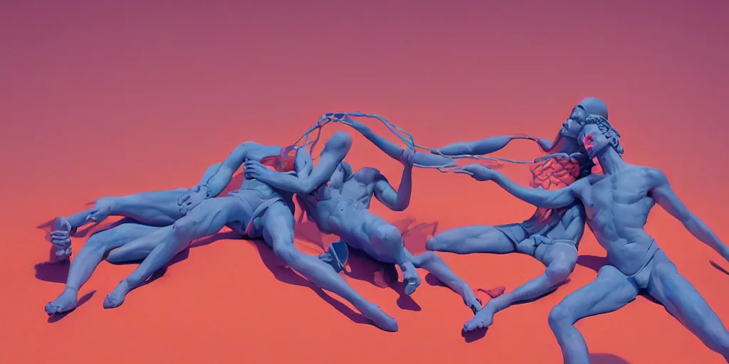 Prompt: greek sculpture of intertwined bodies painted in complementary colors. artwork by James Jean and Tooth Wu and wlop and beeple and greg rutkowski and nekroxiii. octane render, cinematic, hyper realism, redshift render, 8k, depth of field, iridescent accents