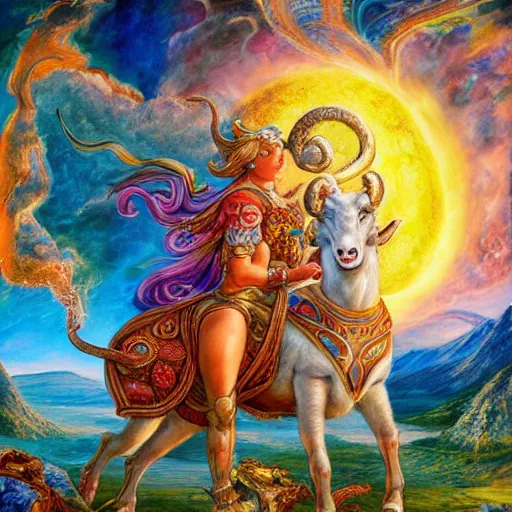 Image similar to a goddess riding a ram while checking her cell phone, by josephine wall, senior concept artist, fantasy art for the zodiac sign aries, erupting volcano and sunrise in distance in background, acrylic on canvas, intricately detailed, high resolution trending on artstation