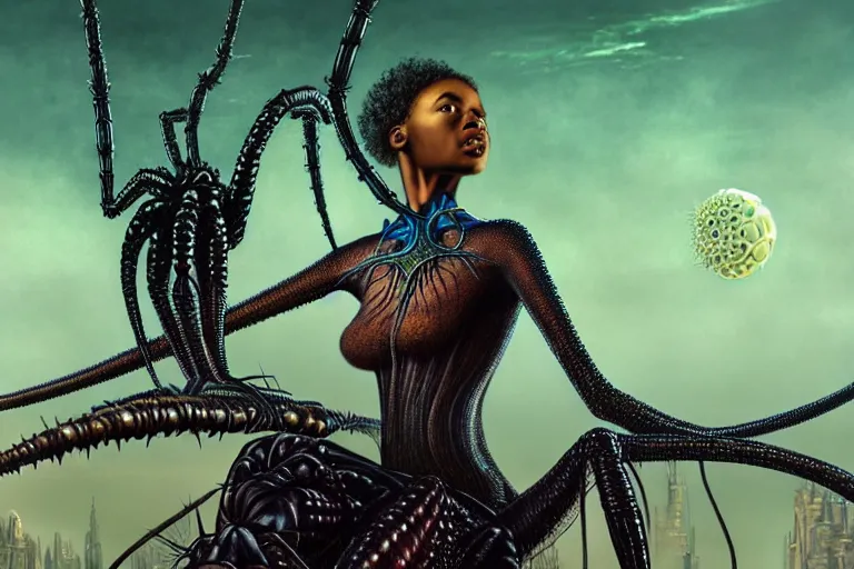 Image similar to realistic detailed closeup portrait movie shot of a beautiful black woman riding a giant spider, dystopian city landscape background by denis villeneuve, amano, yves tanguy, alphonse mucha, max ernst, ernst haeckel, edward robert hughes, roger dean, cyber necklace, rich moody colours, sci fi patterns, wide angle