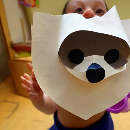 Prompt: a home made paper mask of an sloth used in an kindergarden workshop