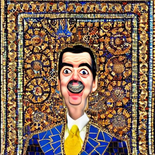 Prompt: a highly detailed ornate and intricate Persian mosaic of Mr. Bean!, gold and cobalt tiles