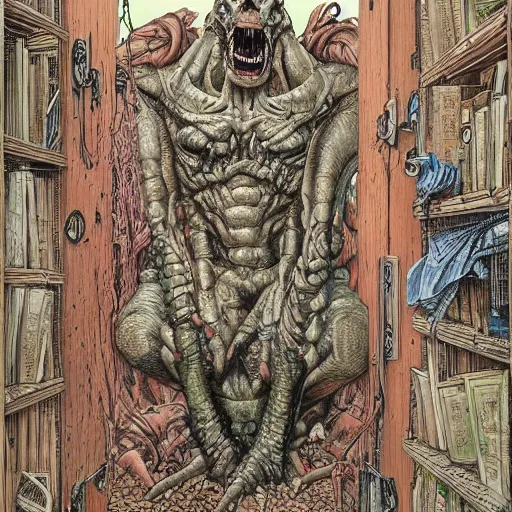 Image similar to opening a door to an impossible nightmare beyond comprehension, very very detailed painting by geof darrow and greg rutowski and hr giger