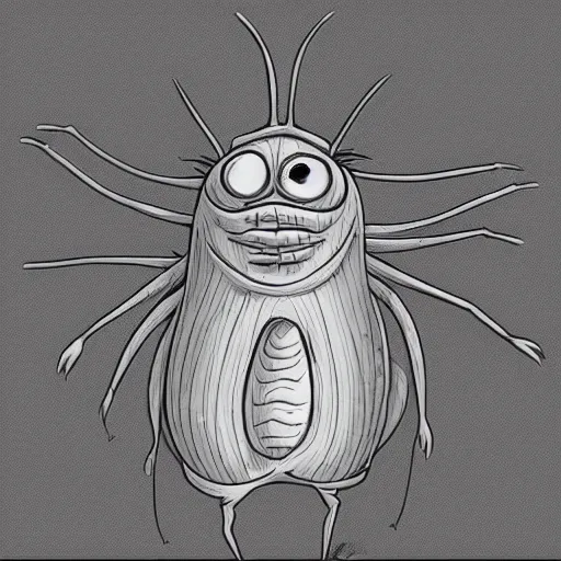 Prompt: anthropomorphous cockroach character, 2d, cartoon style, by Tim Burton, studio ghibli, character design, concept art