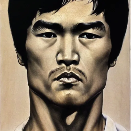 Image similar to Frontal portrait of Bruce Lee. A portrait by Norman Rockwell.