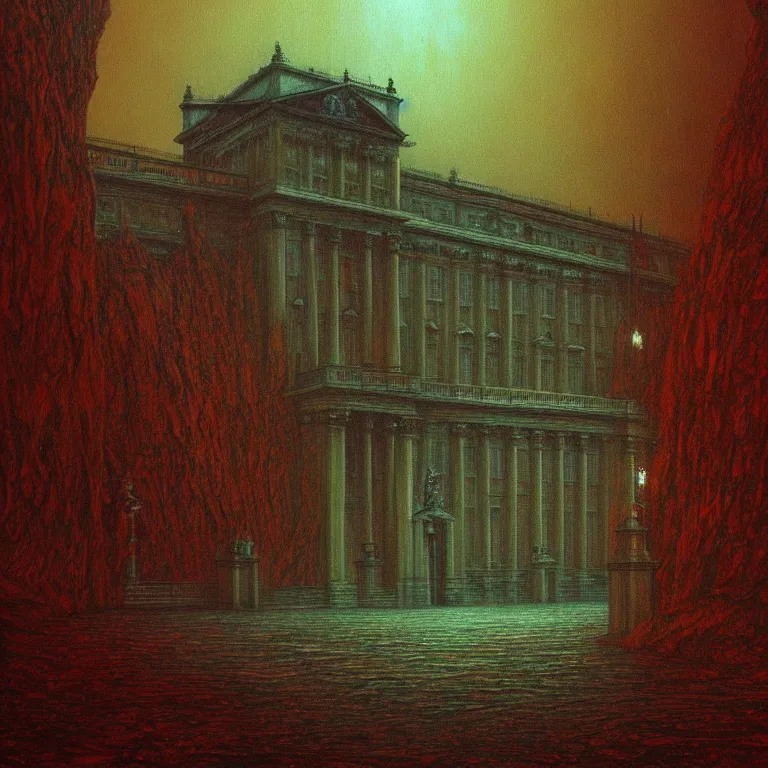 Prompt: buckingham palace, lovecraft, concept art by beksinski and jean delville, dramatic lighting, ultra hd, hdr, 8 k