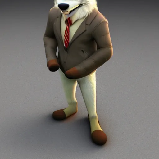 Image similar to far shot, 3d render , anthropomorphic wolf male , wearing along brown leather jacket , in the style of Zootopia