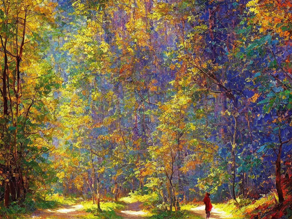 Image similar to majestic nature scenery, forest path, breathtaking oil painting by erin hanson, alexi zaitsev, karl spitzweg, craig mullins, award winning, impressionistic