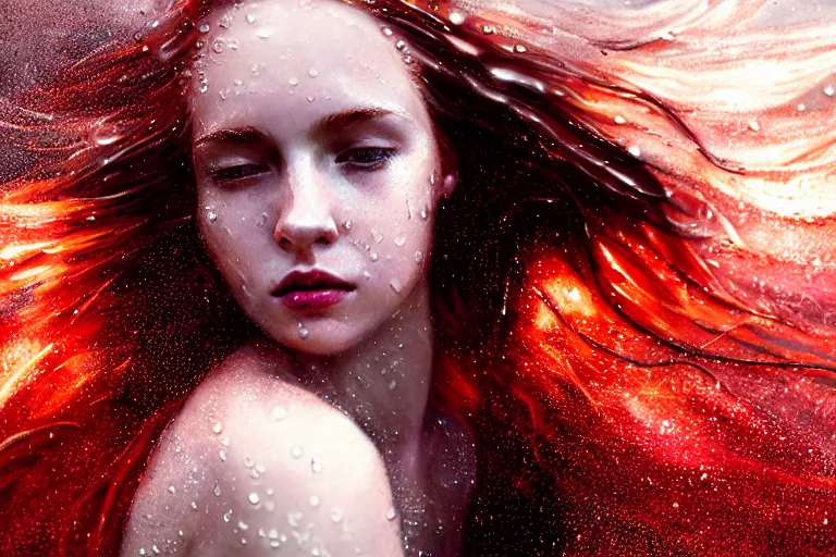 Image similar to highly detailed portrait of a beautiful girl running in rain with wet red hair and pale face, swirling smokey tendrils, bright scattered particles, fantasy, intricate, elegant, dramatic lighting, emotionally evoking symbolic metaphor, highly detailed, lifelike, photorealistic, digital painting, artstation, concept art, smooth, sharp focus, illustration, art by John Collier and Albert Aublet and Krenz Cushart and Artem Demura and Alphonse Mucha