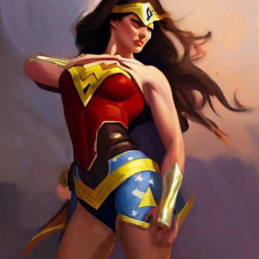 Image similar to greg manchess portrait painting of wonderwoman as overwatch character, medium shot, asymmetrical, profile picture, organic painting, sunny day, matte painting, bold shapes, hard edges, street art, trending on artstation, by huang guangjian and gil elvgren and sachin teng