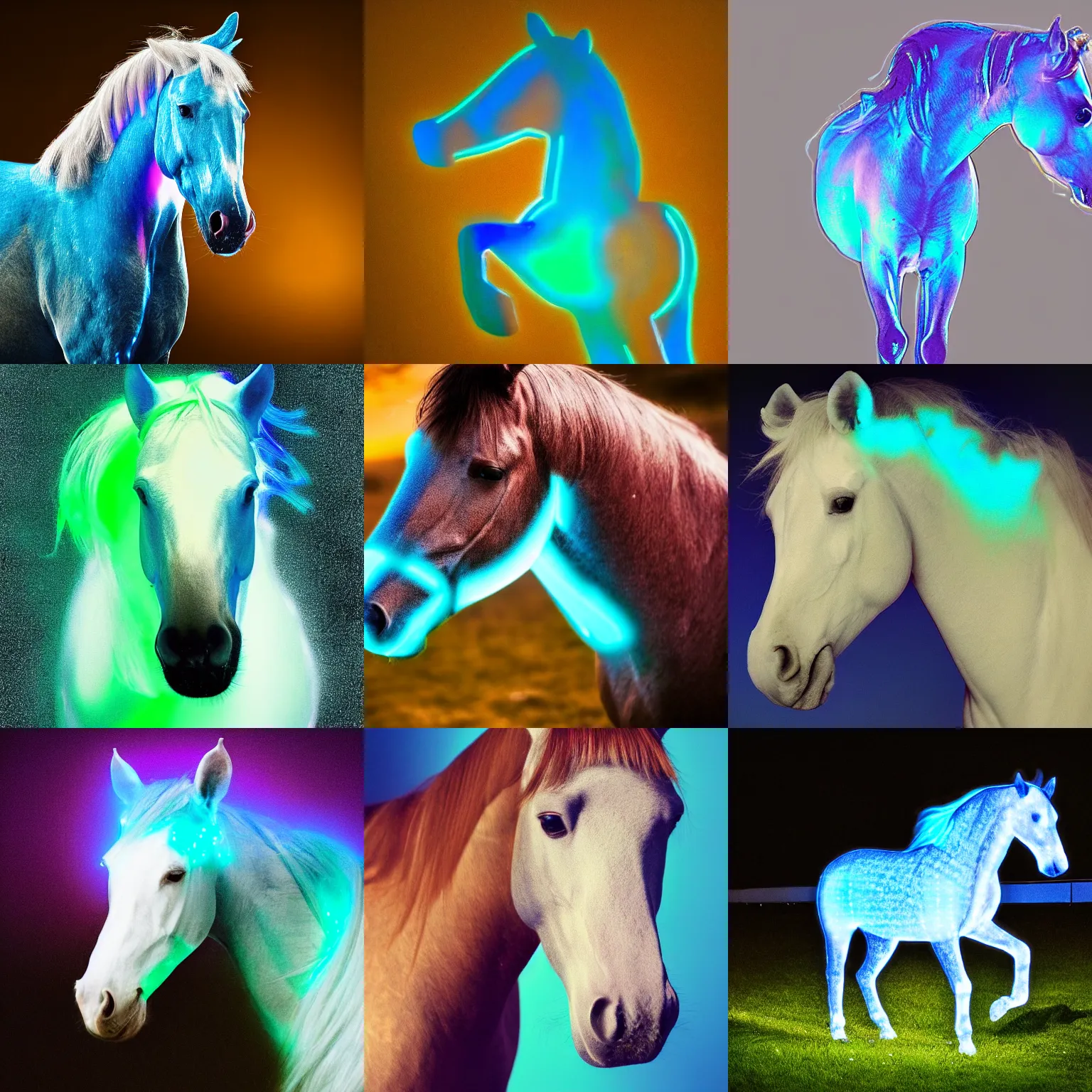 Prompt: horse with glowing blue transparent skin, digital photography