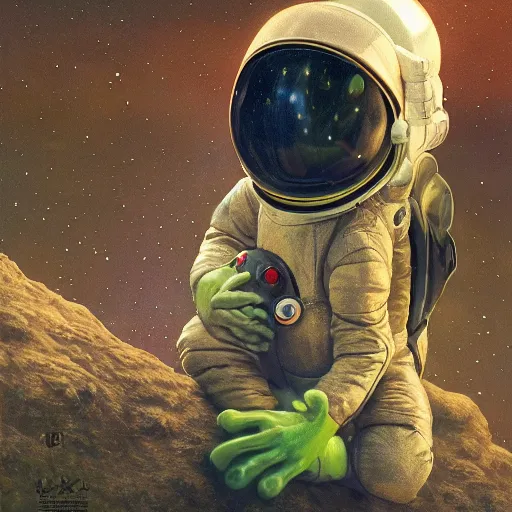 Prompt: soulful long shot of a cute baby frog astronaut wearing an astronaut suit and astronaut helmet, by esao andrews, by m. w. kaluta, ultra humorous illustration, small depth of field, perspective perception, volumetric light, psychedelic colors, 3 d octane render, 8 k, conceptart, hyperdetailed, hyperrealistic, trending on artstation