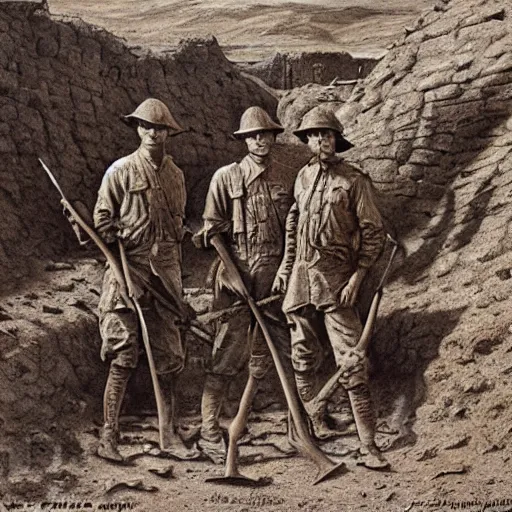 Image similar to ultra detailed photorealistic sepia - toned painting from 1 9 1 7, three british soldiers standing at an archaeological dig site in wadi rum, ultra realistic, painted, intricate details, lovecraft, atmospheric, dark, horror, brooding, highly detailed, by clyde caldwell