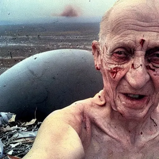 Prompt: last selfie of last alive ukrainian very damaged after a nuclear strike, a nuclear explosions in the background, 2 0 2 2